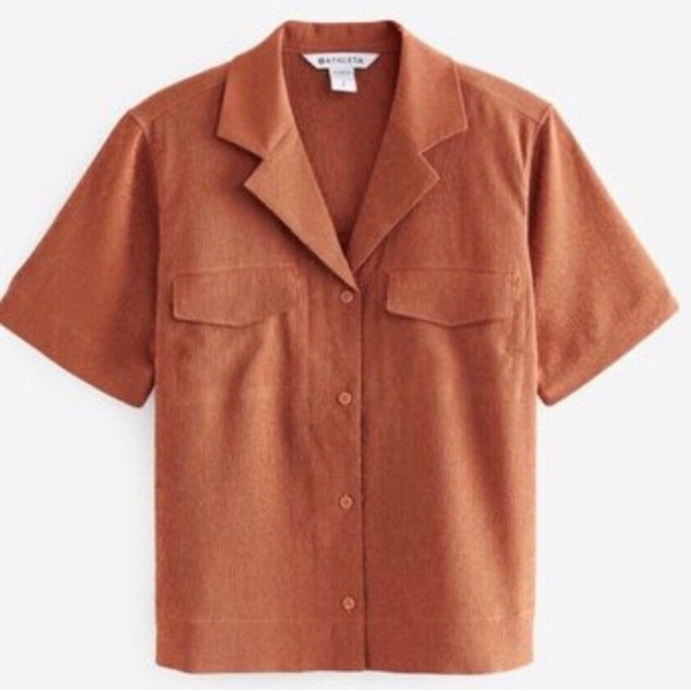 ATHLETA Echo Top Copper/Orange Size MEDIUM Button Down Short Sleeve Collar